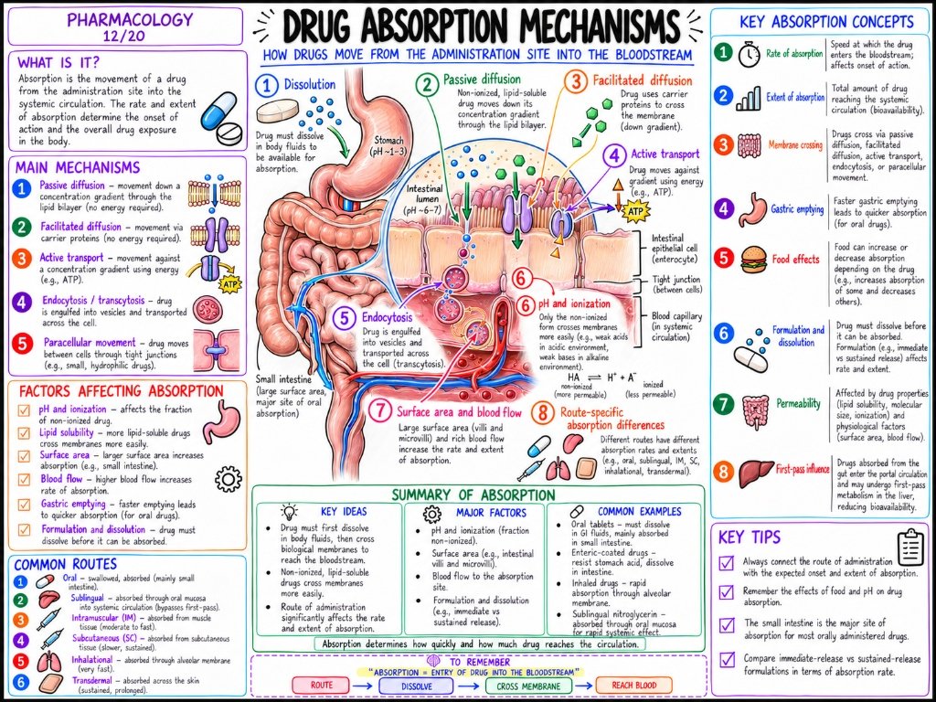 Pharmacology 12/20: Drug Absorption Mechanisms โ Passive Diffusion, Active Transport, pH & Ionization