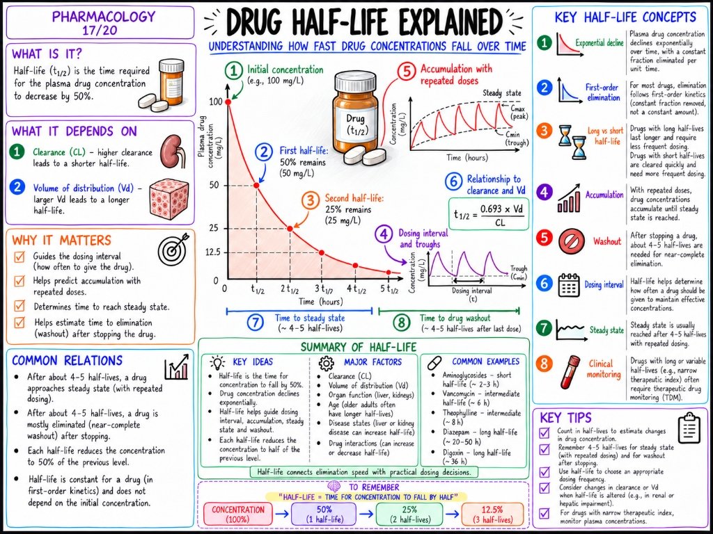 Pharmacology 17/20: Drug Half-Life Explained โ Clearance, Volume of Distribution & Dosing Intervals